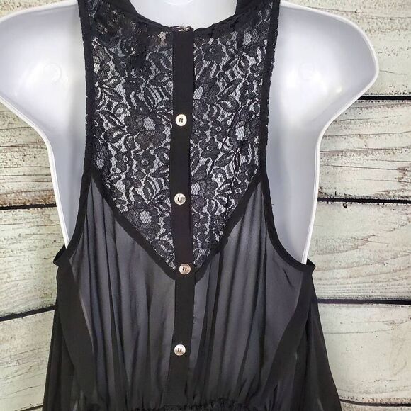 BKE Boutique Black Sheer Lace Trim High-Low Sleeveless Blouse – Size L - Picture 5 of 8